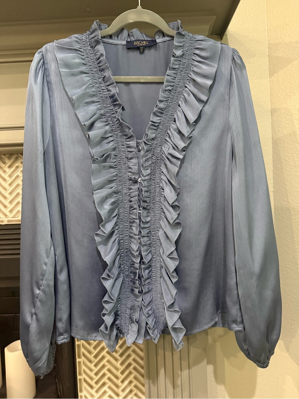 Rachel Powder Blue Ruffle-Front V-Neck Blouse
